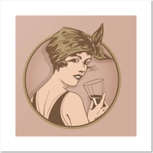 Lady Drinking Wine. Art deco style illustration design. Posters and Art